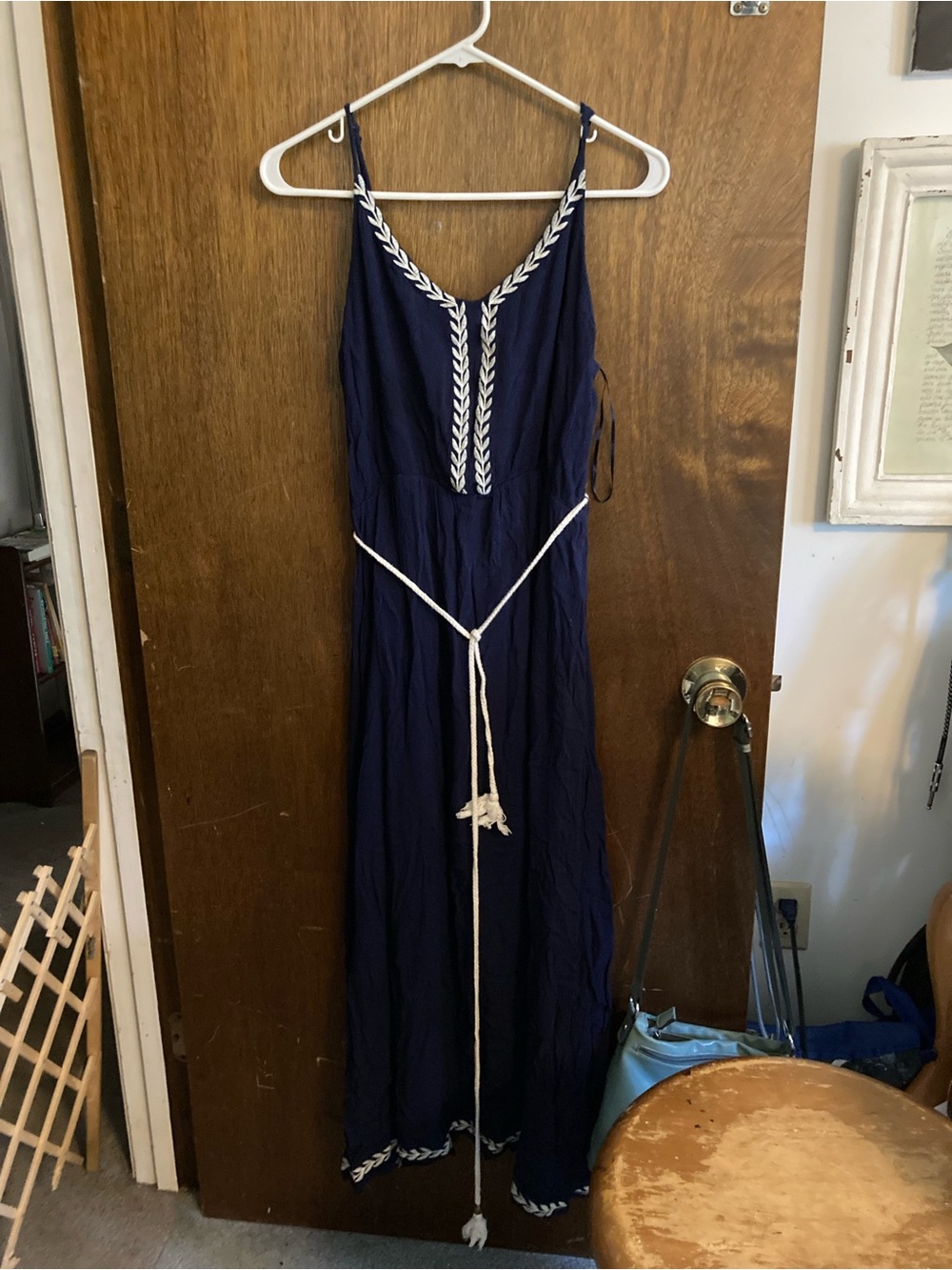 Navy Embroidered Maxi Dress with Rope Belt